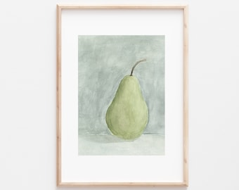 watercolor pear, pear painting, pear art print, still life art, still life painting, still life print, art print, giclee, kitchen decor, art