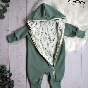 Overall for babies, jumpsuit, mint green with eucalyptus motif, size. 50 - 98