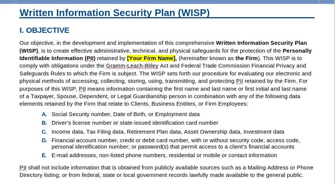 Written Information Security Plan WISP Template With NDA Etsy Written Information Security Plan WISP Template With NDA Etsy
