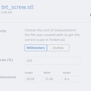 May include: A screenshot of a web page showing a 3D model of a screw. The model is 19.28 inches long, 11.66 inches wide, and 8.4 inches high. The user can choose the units of measurement for the model and scale it to their desired size.