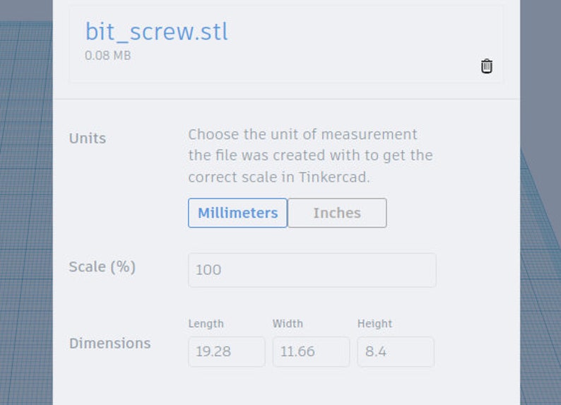 May include: A screenshot of a web page showing a 3D model of a screw. The model is 19.28 inches long, 11.66 inches wide, and 8.4 inches high. The user can choose the units of measurement for the model and scale it to their desired size.