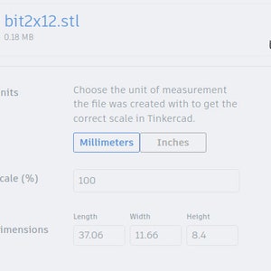 May include: A screenshot of a web page showing a 3D model file named "bit2x12.stl" with a size of 0.18 MB. The page has options to choose the units of measurement (millimeters or inches) and the scale (100%). The dimensions of the model are shown as 37.06 inches in length, 11.66 inches in width, and 8.4 inches in height.