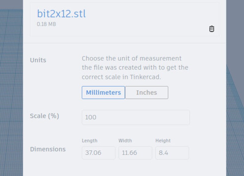 May include: A screenshot of a web page showing a 3D model file named "bit2x12.stl" with a size of 0.18 MB. The page has options to choose the units of measurement (millimeters or inches) and the scale (100%). The dimensions of the model are shown as 37.06 inches in length, 11.66 inches in width, and 8.4 inches in height.