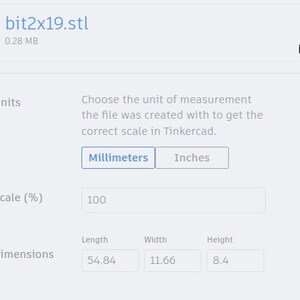 May include: Screenshot of a web page showing a 3D model file named "bit2x19.stl" with a size of 0.28 MB. The page has options to choose the unit of measurement for the file, a scale percentage, and dimensions in inches: length 54.84, width 11.66, and height 8.4.