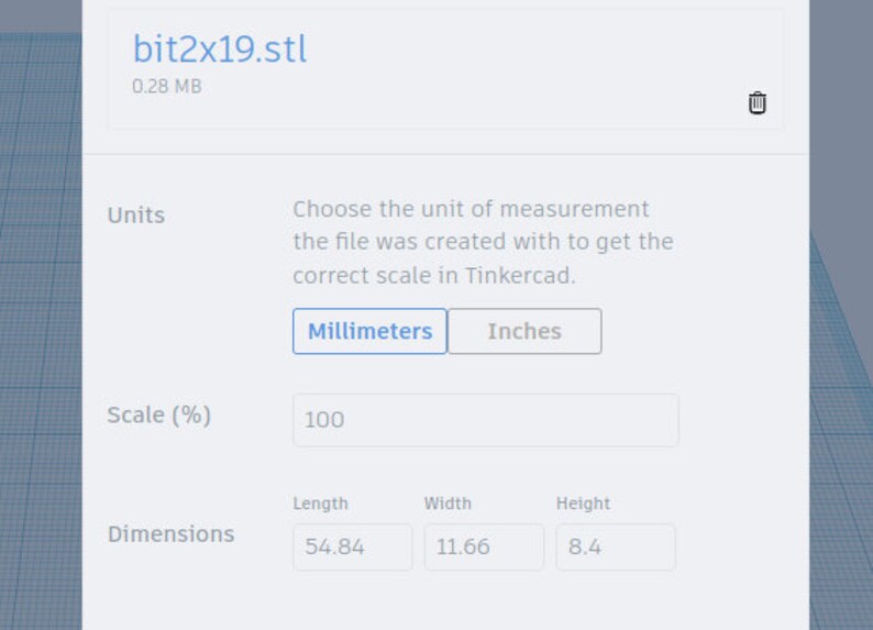 May include: Screenshot of a web page showing a 3D model file named "bit2x19.stl" with a size of 0.28 MB. The page has options to choose the unit of measurement for the file, a scale percentage, and dimensions in inches: length 54.84, width 11.66, and height 8.4.