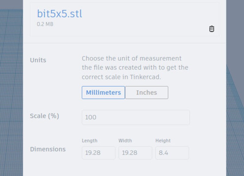May include: A screenshot of a web page showing the dimensions of a 3D model file named "bit5x5.stl". The file is 0.2 MB in size and the dimensions are 19.28 inches by 19.28 inches by 8.4 inches. The user can choose between millimeters and inches as the unit of measurement.
