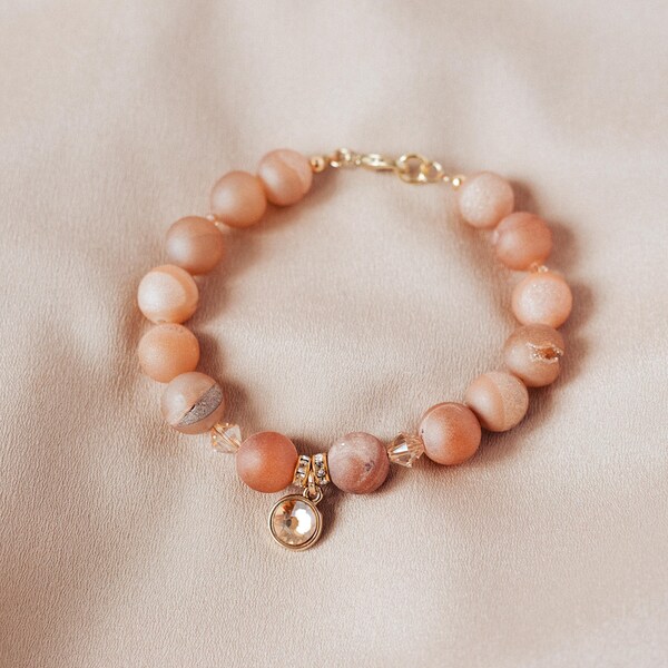 Sedona amber druzy agate and Swarovski crystal charm bracelet, gemstone beaded jewelry, healing and protection, natural beads