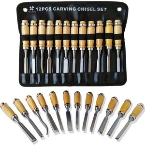May include: A 12-piece carving chisel set displayed in a black tool roll. The chisels have wooden handles with metal blades. The text "12PCS CARVING CHISEL SET" is printed on the tool roll.