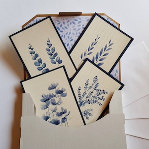 Pack of 4 Cards in blue watercolour floral and foliage designs, printed from original artwork for Friendship, Birthday, Penpal, Mothers Day