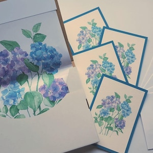Pack of 4 Cards in Hydrangea watercolour floral designs, printed from original artwork for Friendship, Birthday, Penpal, Thankyou - in box.