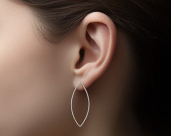Silver Marquise Earrings, Minimalist Earrings, Drop Stud Earrings, Dainty Oval 925 Sterling Silver Large Ellipse Earrings, Fashion Jewelry
