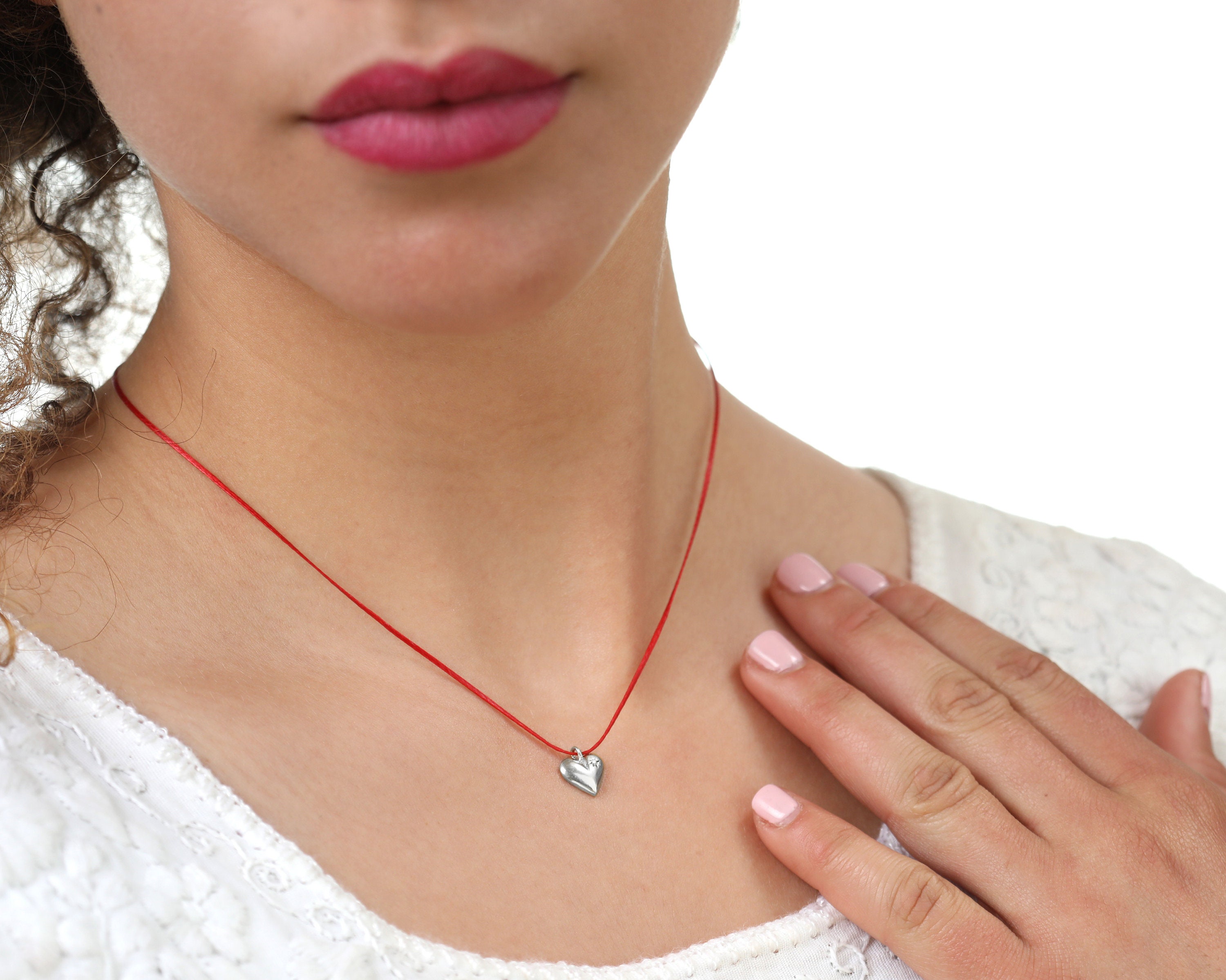 Love Red String Necklace Red Thread Necklace Small Puffy Heart