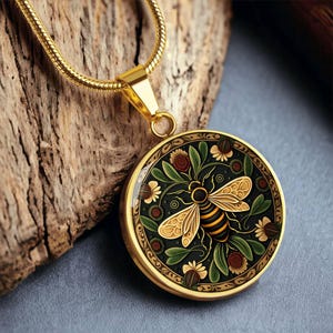 Bee Necklace, Colorful Bee Pendant, Glass Dome Necklace with Personalized Engraving, Boho Spirit Animal Folk Art Inspiring Jewelry Gift