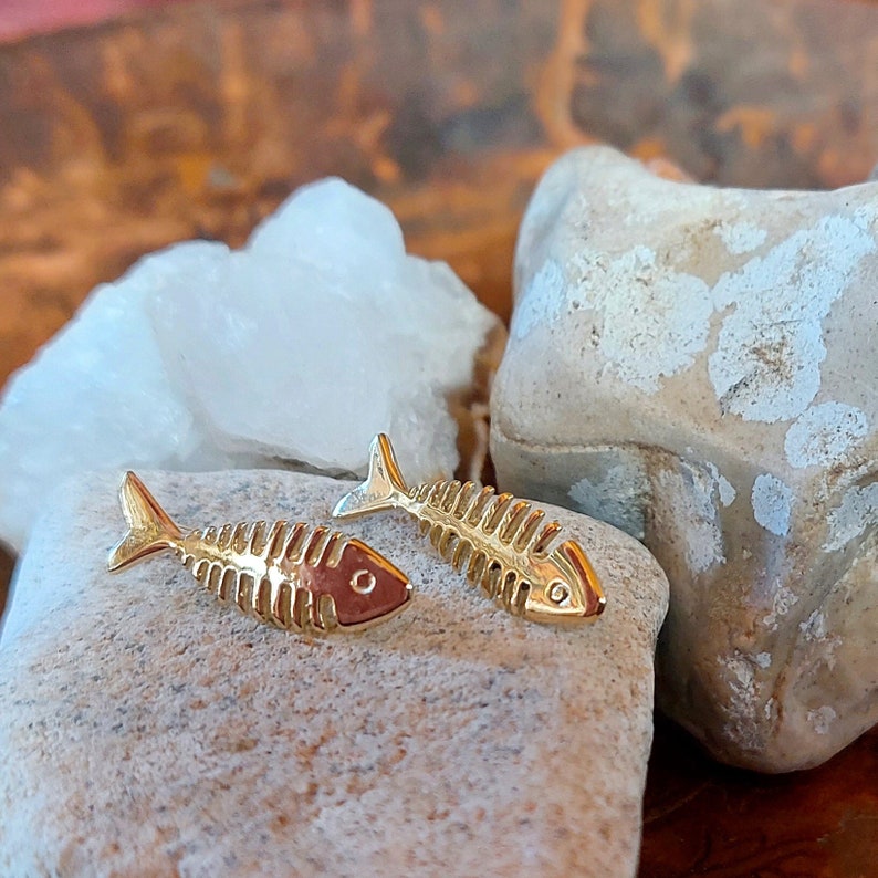 14k Gold Climber Earrings, 14k Gold Ear Crawlers, Solid Gold Ear Climbers, Fish Earrings, Fishbone Earrings, Ear Climbers Gold, Ear Sweeps image 3