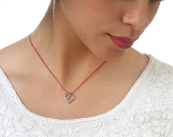 Boho Necklace for Women, Open Heart 925 Sterling Silver Pendant Necklace, Red Cord Necklace, Unique Lucky Red String Minimalist Necklace