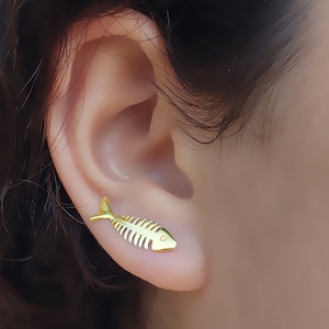 14k Gold Climber Earrings, 14k Gold Ear Crawlers, Solid Gold Ear Climbers, Fish Earrings, Fishbone Earrings, Ear Climbers Gold, Ear Sweeps image 2