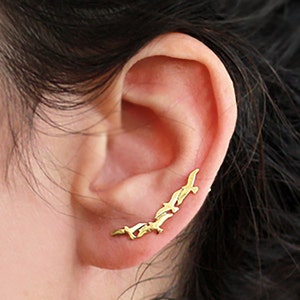 Gold Seagulls Climber Earrings, Solid 14K Yellow or Rose Gold Ear Cuffs, Birds Climbers, Animal Ear Crawlers Earrings, Ocean Sea Lover Gift image 1