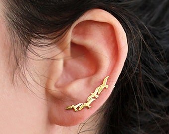 Gold Seagulls Climber Earrings, Solid 14K Yellow or Rose Gold Ear Cuffs, Birds Climbers, Animal Ear Crawlers Earrings, Ocean Sea Lover Gift