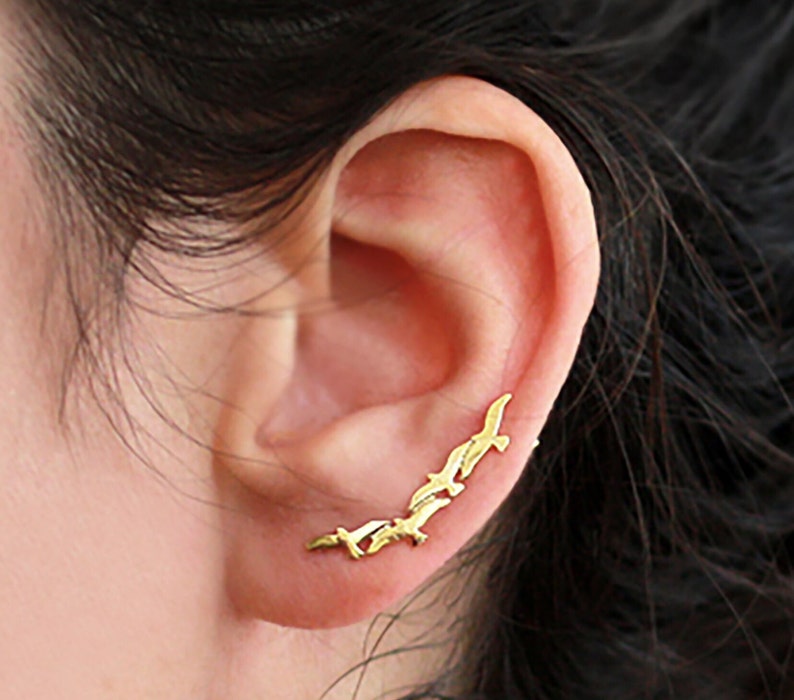 Gold Seagulls Climber Earrings, Solid 14K Yellow or Rose Gold Ear Cuffs, Birds Climbers, Animal Ear Crawlers Earrings, Ocean Sea Lover Gift image 1