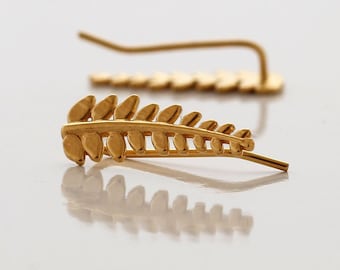 Solid Gold Ear Climbers, Solid Gold Ear Crawlers, 14k Gold Climber Earrings, Gold Ear Crawlers, Leaf Earrings, Leaf Climbers, Fern Earrings