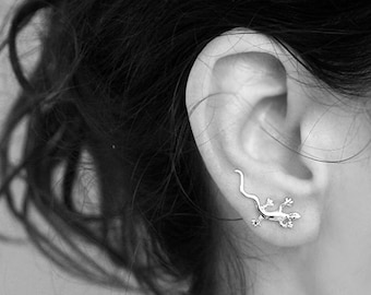 Gecko Ear Crawlers, Single / Pair Lizard Ear Climbers, 925 Sterling Silver Ear Cuff, Boho Ear Climber Earrings, Bohemian Nature Jewelry Gift