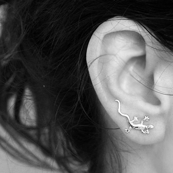 Gecko Ear Crawlers, Single / Pair Lizard Ear Climbers, 925 Sterling Silver Ear Cuff, Boho Ear Climber Earrings, Bohemian Nature Jewelry Gift