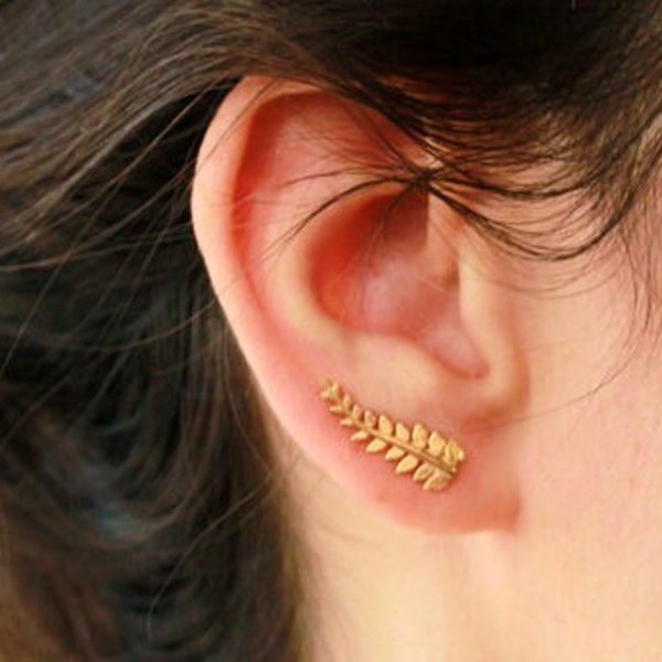 Solid Gold Fern Leaf Ear Climber Earrings, SINGLE or PAIR of 14K Yellow or Rose Gold Ear Crawlers Sweeps, Delicate Nature Inspired Jewelry