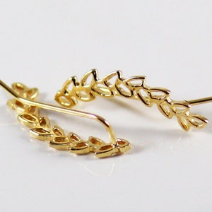 Solid Gold Leaves Ear Climber Earrings, SINGLE or PAIR of 14K Yellow or Rose Gold Branch Ear Crawlers Sweeps, Floral Nature Inspired Jewelry