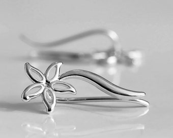 Floral Ear Climbers Earrings, Botanical 925 Sterling Silver Pair of Ear Crawler Earrings, Boho Nature Flower & Stem Earrings, Jewelry Gift