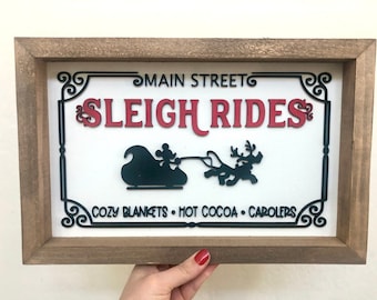 Main Street Sleigh Rides Christmas Sign / Mickey Christmas Sign / Disney 3D Wood Sign / Disney Christmas Sign / Disney Framed Wood Sign