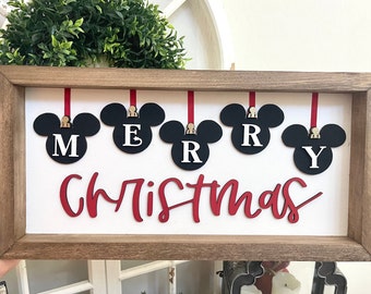 Mickey Merry Christmas Sign / Disney Mickey Ornaments Sign / Disney 3D Wood Sign / Disney Christmas Sign / Disney Framed Wood Sign