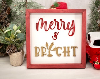 Merry and Bright Lumiere Sign / Disney Beauty and the Beast Sign / Disney Christmas Sign / Disney Home Decor / Disney 3D Wood Sign