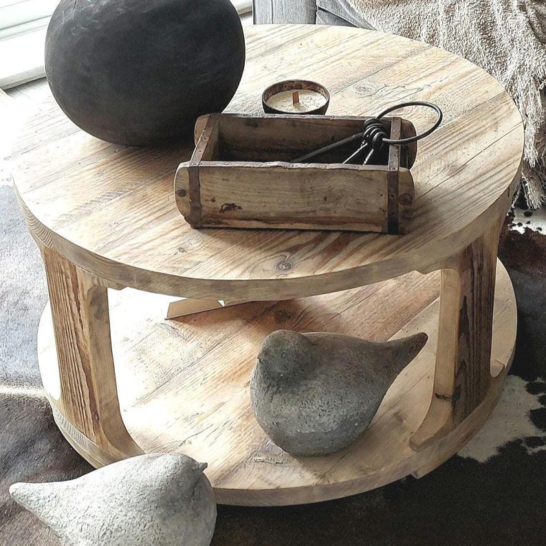 Rustic Reclaimed Wood Round Coffee Table with Shelf image 3