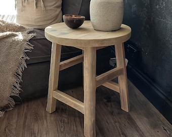 Rustic Round Wooden Bedside Table: Farmhouse Style Stool