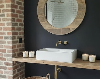 Round Wooden Wall Mirror – Rustic Bathroom Vanity Mirror – Modern Farmhouse Decor