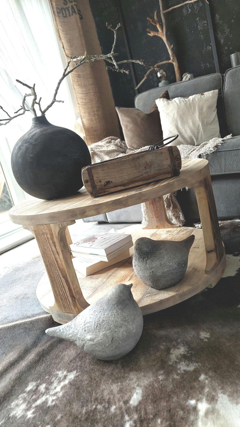 Rustic Reclaimed Wood Round Coffee Table with Shelf image 6