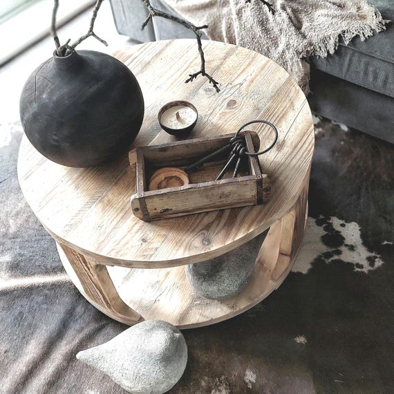 Rustic Reclaimed Wood Round Coffee Table with Shelf