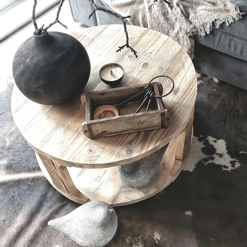 Rustic Reclaimed Wood Round Coffee Table with Shelf image 1