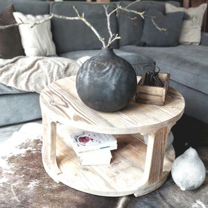 Rustic Reclaimed Wood Round Coffee Table with Shelf image 2
