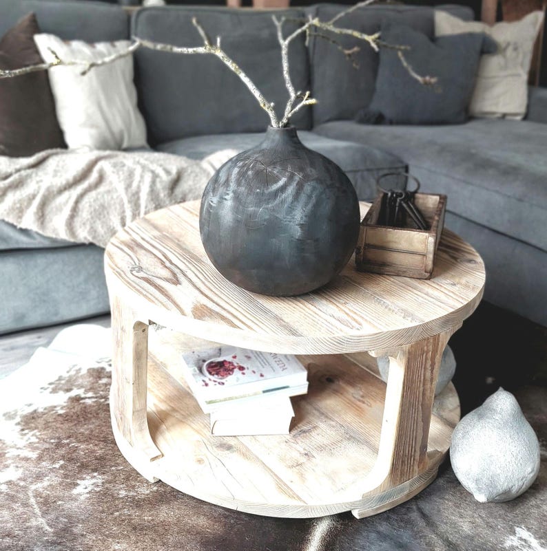 Rustic Reclaimed Wood Round Coffee Table with Shelf image 2
