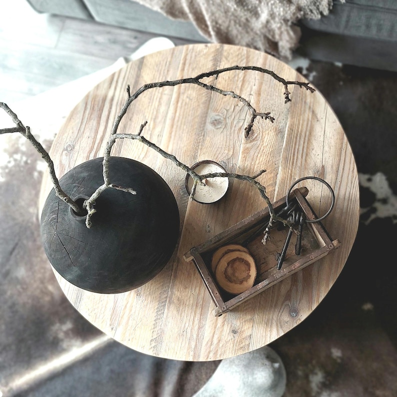 Rustic Reclaimed Wood Round Coffee Table with Shelf image 8
