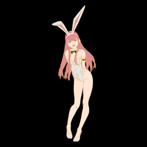 May include: A cartoon illustration of a character in a white bunny suit with pink hair and bunny ears. The character is wearing a black bow tie and gold armbands, set against a black background.