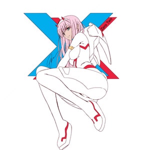 May include: A pink-haired anime character with red and blue wings, sitting with her legs crossed, against a red and blue X-shaped background. The text "Zero Two" is written on the background.