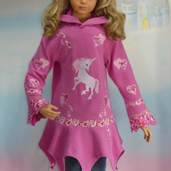 1Teil ZipfelPulli Gr. 86-140  Einhorn Pferd Pony Kapuzen Pullover Pulli PaisleyHoodie Rosa Pink Mädchen Unikat Handmade FeenkleidDesign