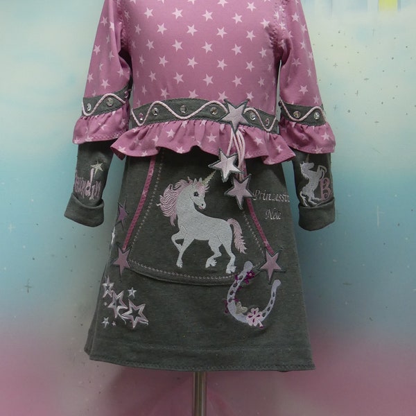 1Teil Sweaty KapuzenKleid Einhorn Gr. 86-140 Sterne Grau Rosa Pferd Pony Tunika Kleid Hoodie Mädchen Unikat Handmade FeenkleidDesign