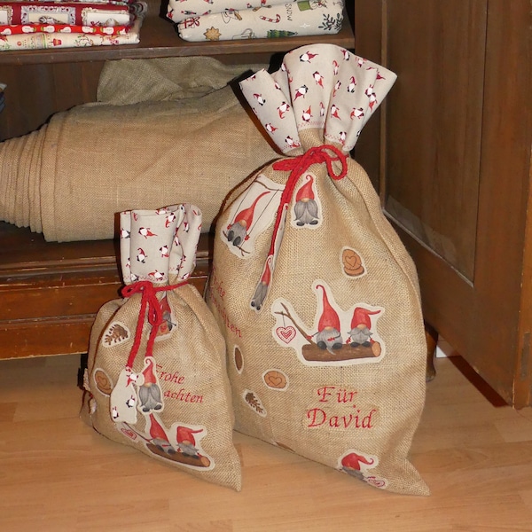 Geschenke Sack Nr.29 GROSS 75 cm x 50 cm WeihnachtsSack NikolaussSack Weihnachten Nikolaus Wichtel Zwerg Rot Grau 100% Jute + Baumwolle