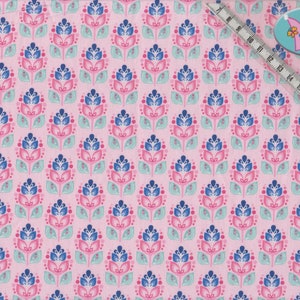 May include: Pink fabric with a repeating pattern of stylized flowers in shades of pink, blue, and green. The flowers are arranged in rows and have a whimsical, retro look.