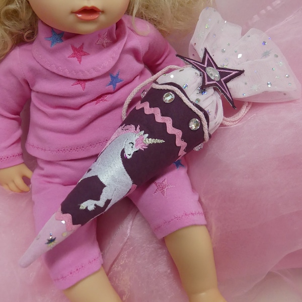 Einhorn Mini Zuckertüte + Kissen für 43 cm Puppe Puppenkleidung Lila Rosa Pink Schultüte Handmade Unikat FeenkleidDesign