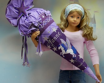 Fabric School Bag + Pillow 21-4 XL Pegasus Horse Pony Purple Lilac Stars Girls Enrollment Sugar Bag UNIKAT Handmade Fairy DressDesign