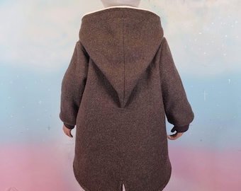 Jas van wolvilt, 100% wol, aanpasbaar in uw kleurkeuze: bruin, maten 86-140, winterjas, zuiver wol, uniek ontwerp met feeënjurk